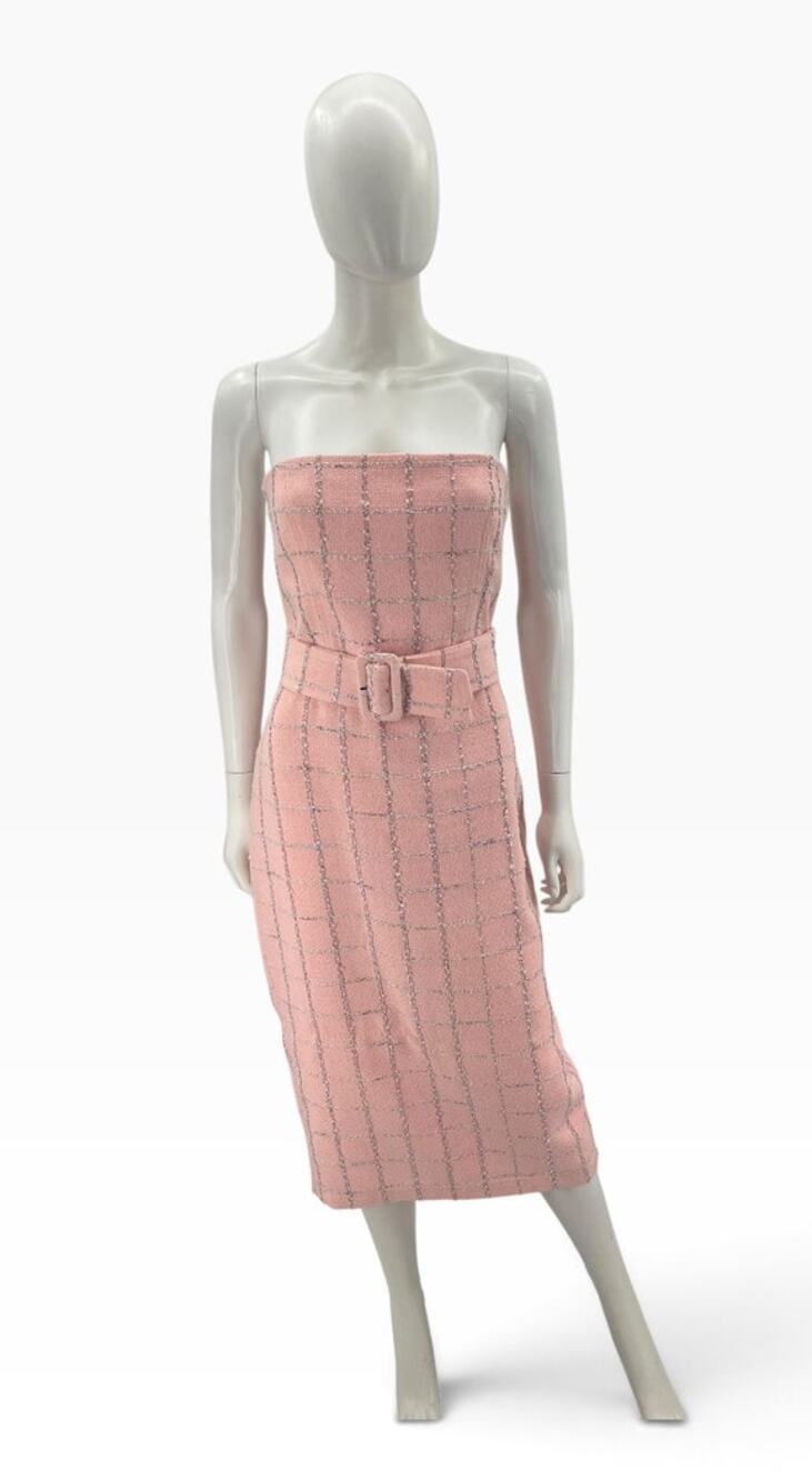 Amanda Uprichard Mochi Pink Tweed Strapless Belted Midi Dress L NWT